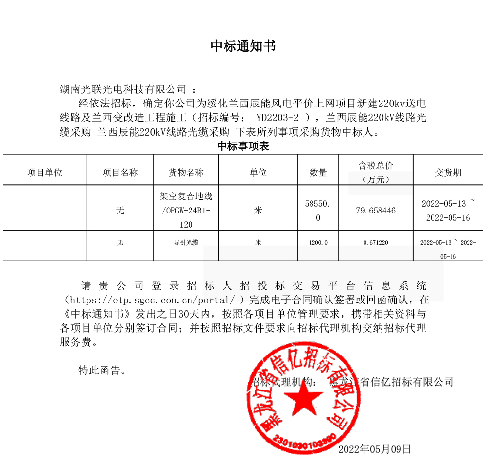 蘭西辰能風(fēng)電項目220KV送電線路OPGW光纜中標(biāo)通知